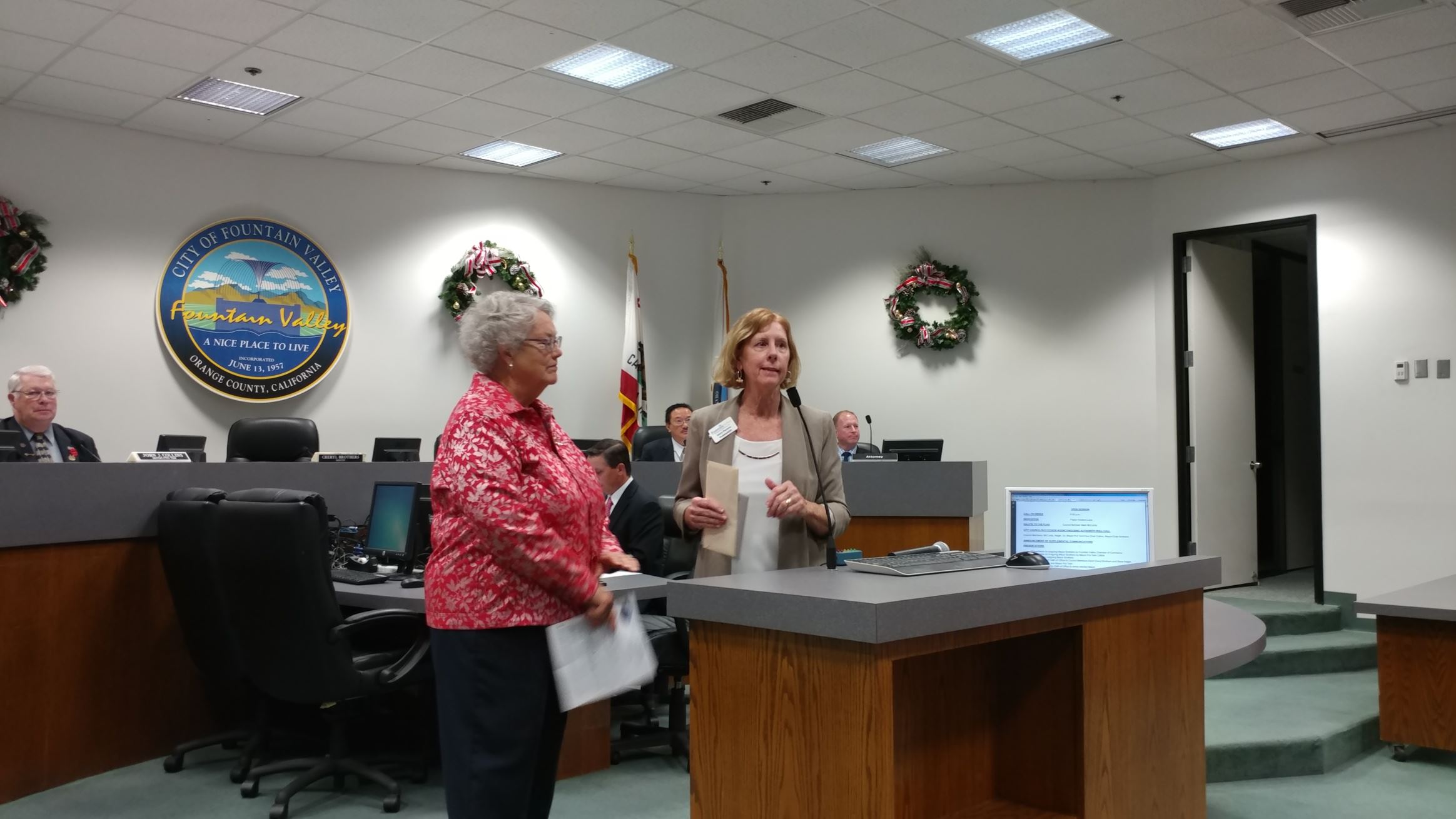 Presentation to outgoing Mayor Brothers  by the Fountain Valley Chamber of Commerce.